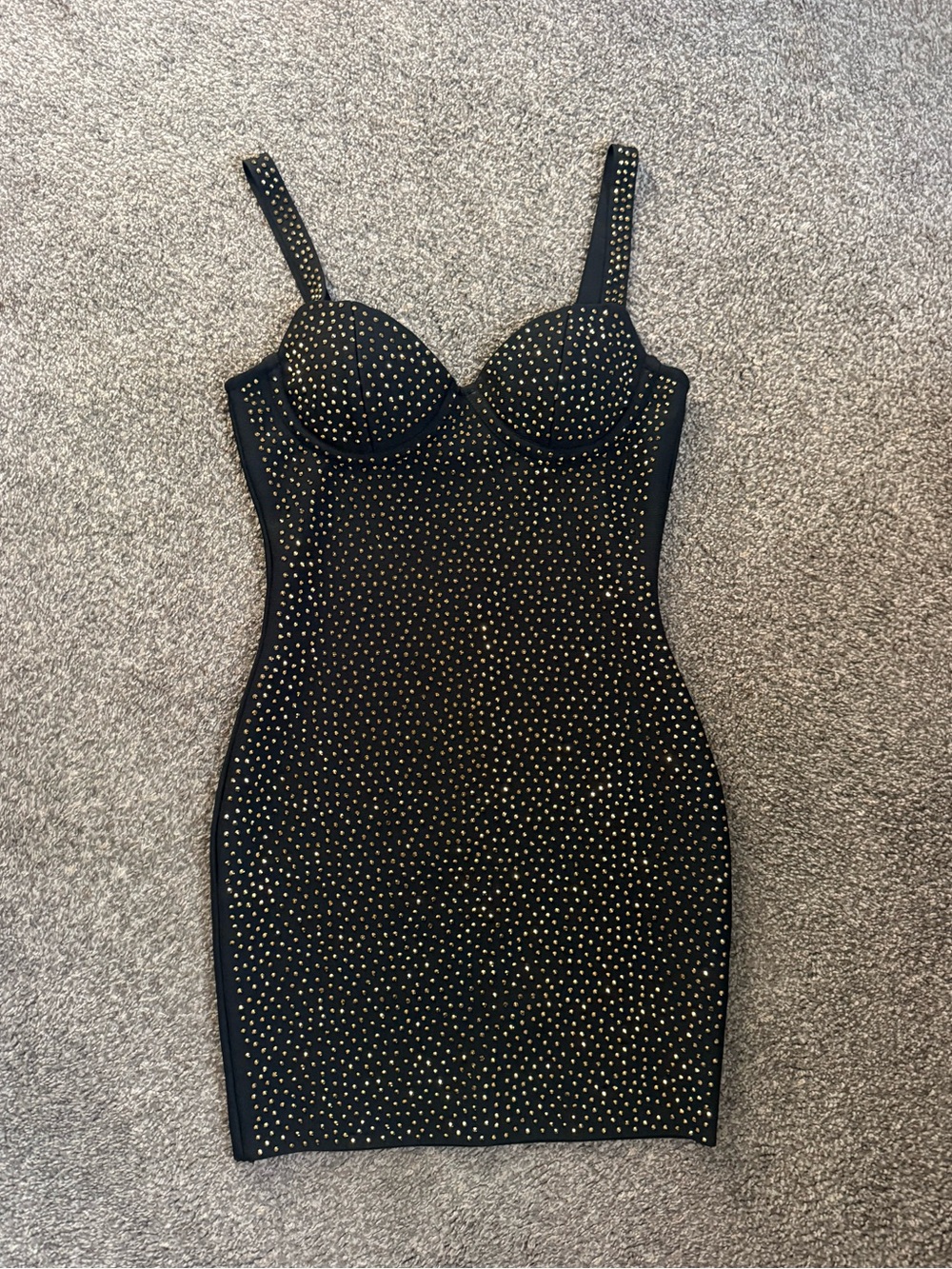 Dolcessa black mini dress with gold crystals